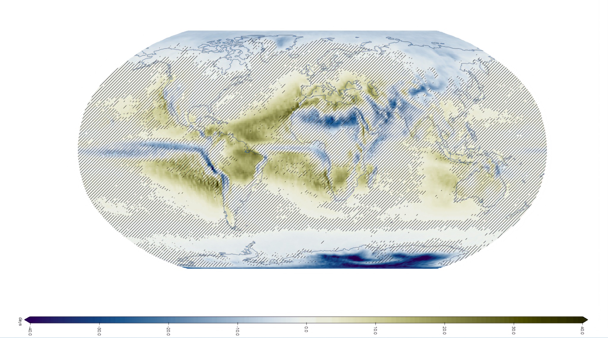 World map simulating changes in consecutive dry days with 2 degrees Celsius of warming under SSP5-8.5.