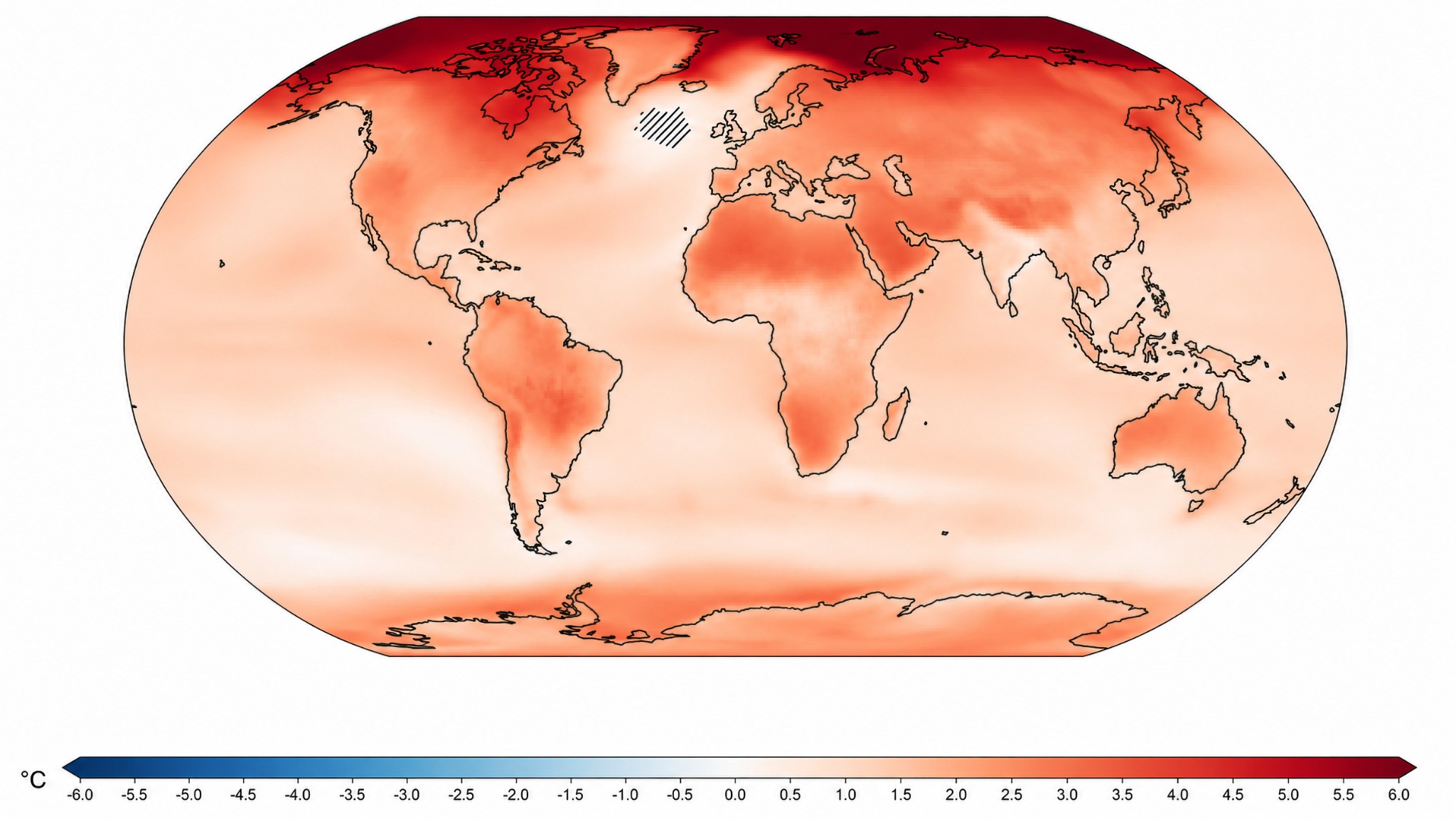 World map simulating regional temperature change when Earth has warmed by 2 degrees Celsius.